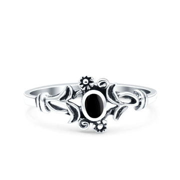 Vintage Style Petite Dainty Simulated Black Onyx Ring Solid Round Oxidized 925 Sterling Silver